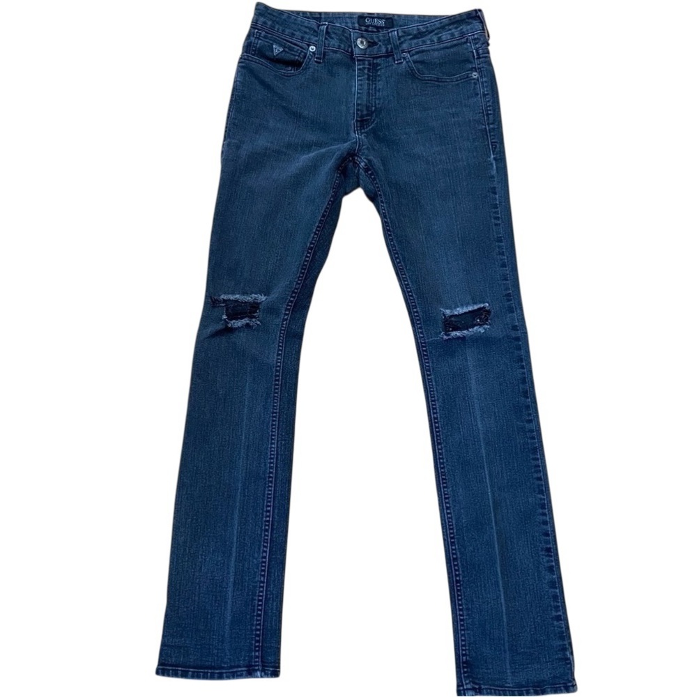 GUESS mens black skinny jeans ripped knees faded size 31 stretchy Denim